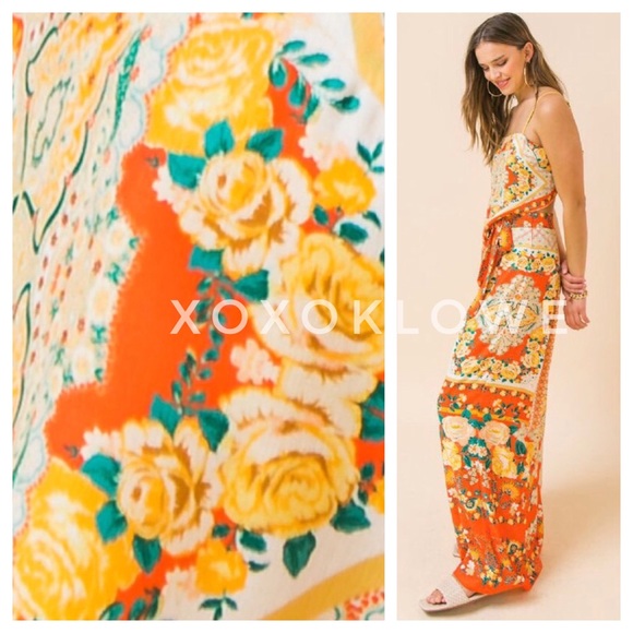 Orange Boho Print Two Piece Set Handkerchief Top Wide Leg Pants - Picture 3 of 12